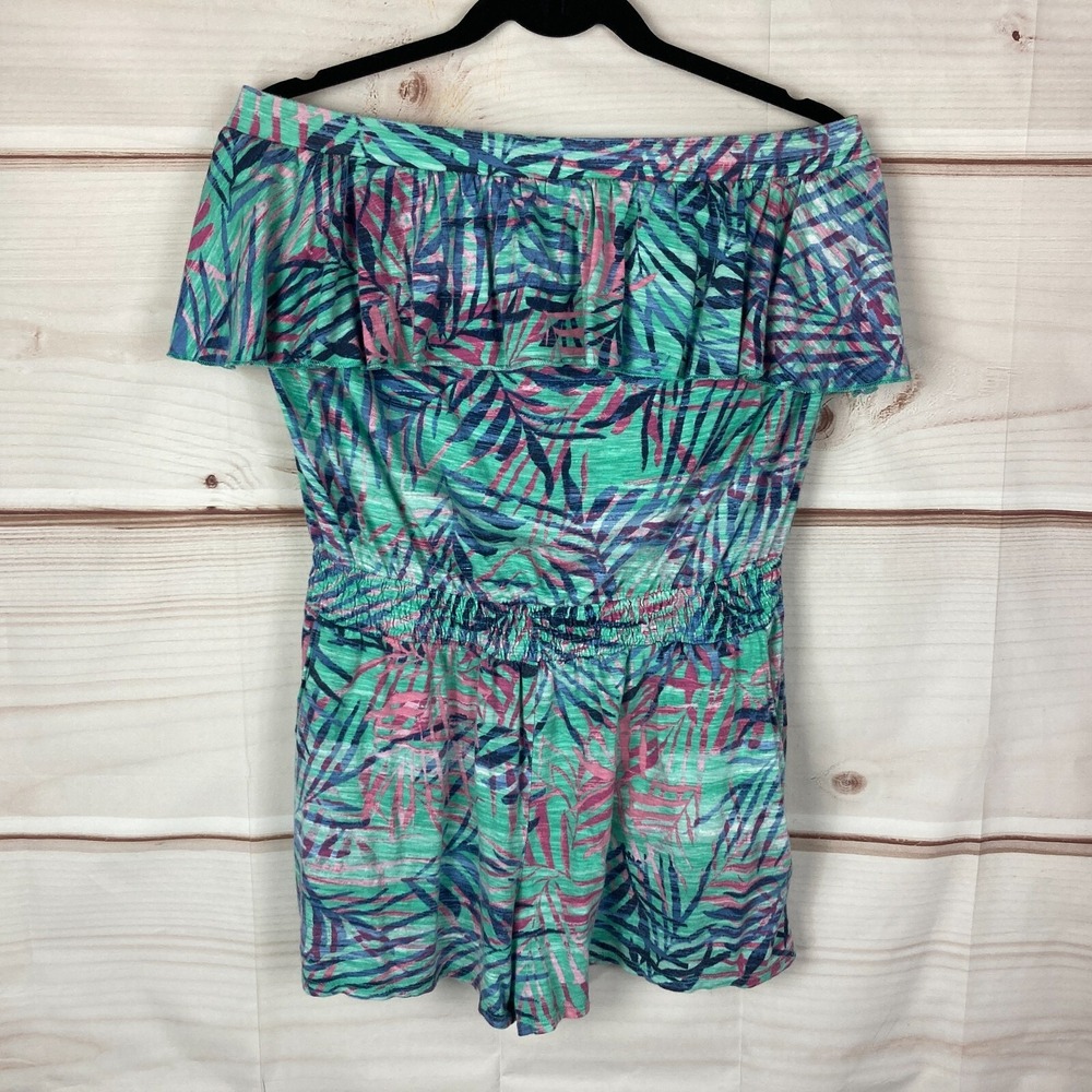 Chip & Pepper Romper Womens S Green Floral Ruffle Off the Shoulder Smocked Waist